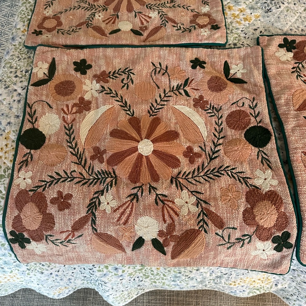 3 floral  Embroidered pillow covers - excellent condition pink and green